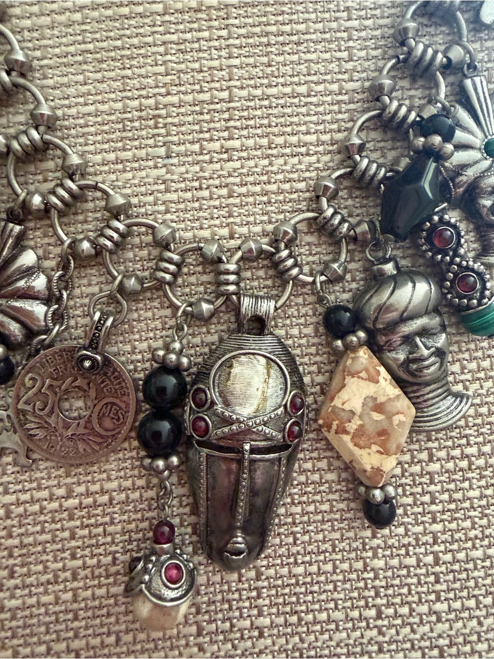 Bohemian Multi-Charm Silver Statement Necklace , Vintage, collectors piece